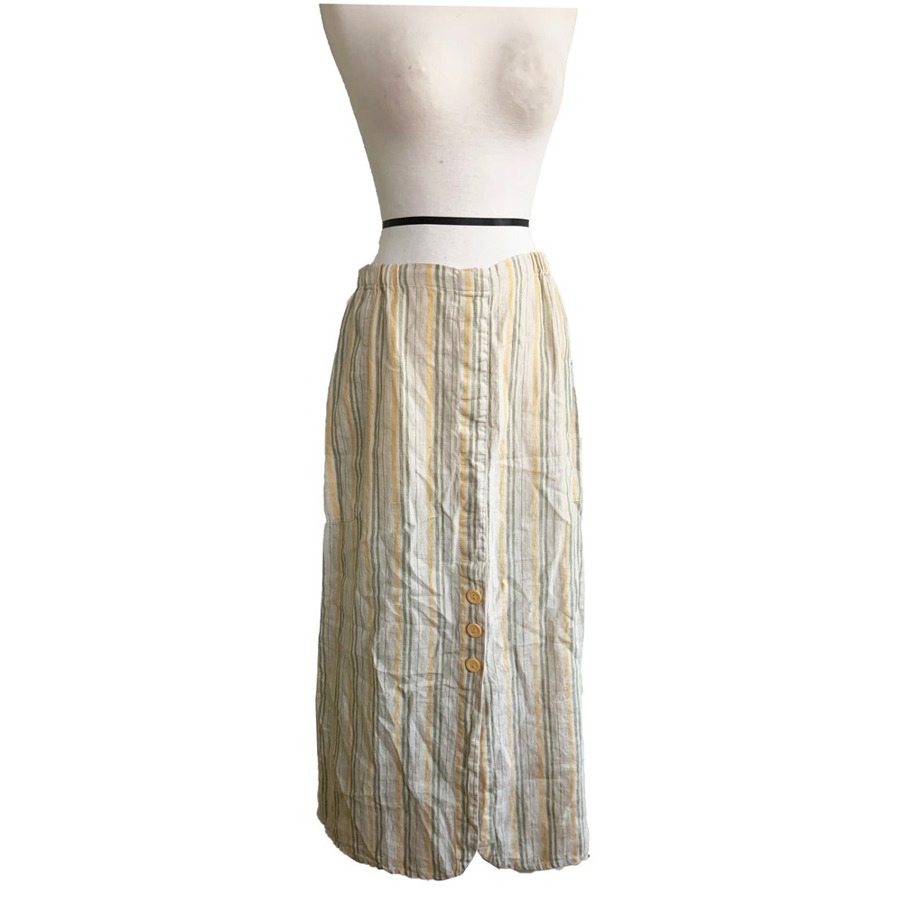 FLAX Striped Midi Skirt Green Stripes Elastic Waist Side Pockets Size L